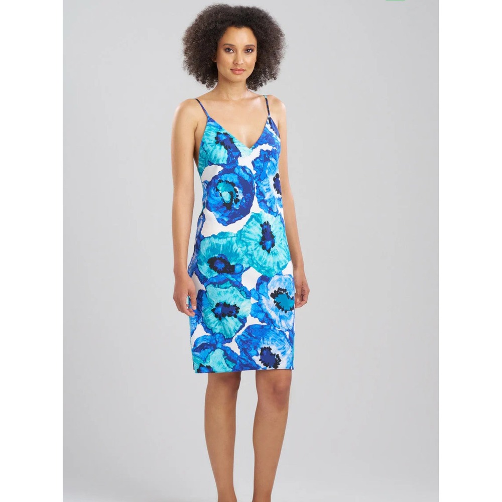 Natori Floral Print Slip Dress V-Neck Mini Blue‎ XS